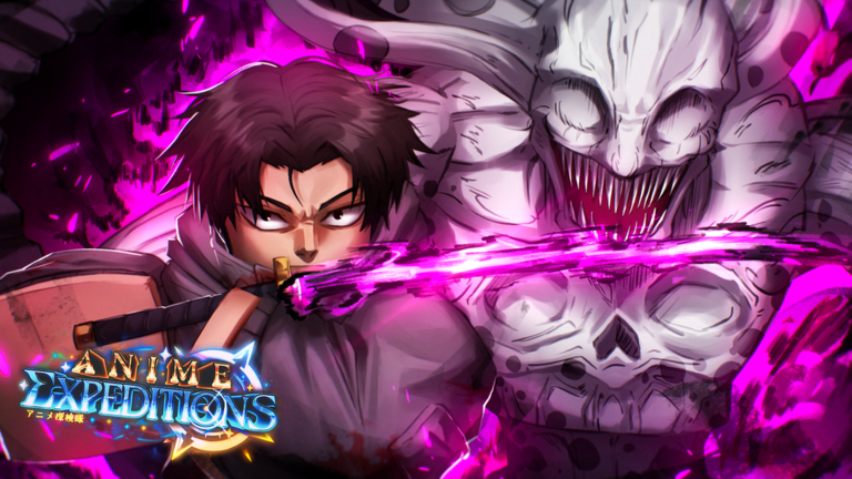 Anime Expeditions promotional artwork showing a swordsman facing a monster